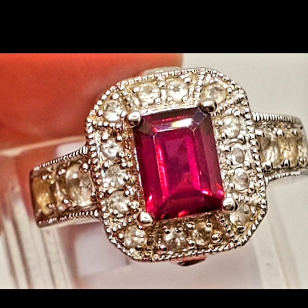 Gorgeous Untreated Deep Pink Amethyst and White Sapphire Sterling Ring